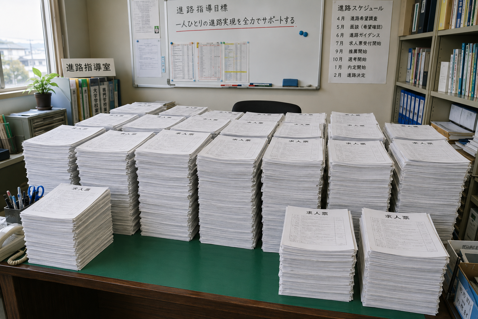 進路指導室に山積みの求人票